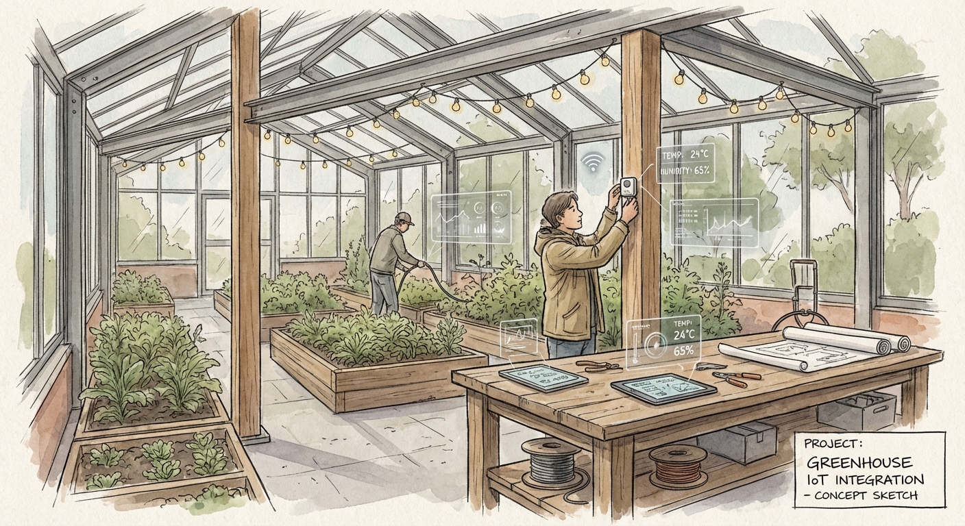 Technicians installing IoT sensors and irrigation in a greenhouse
