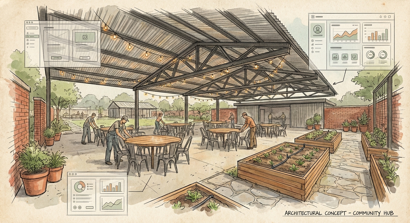 Volunteers arranging social tables and garden beds