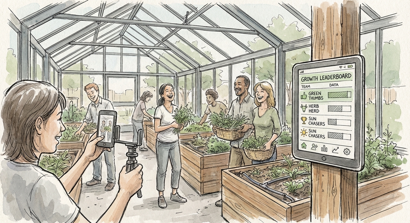 Volunteers filming plant growth for social media with gamification leaderboard