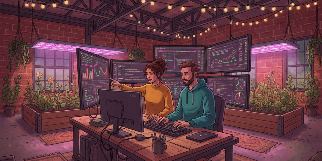AI Vibe Code Engineer working at a multi-monitor station in a warehouse with grow lights