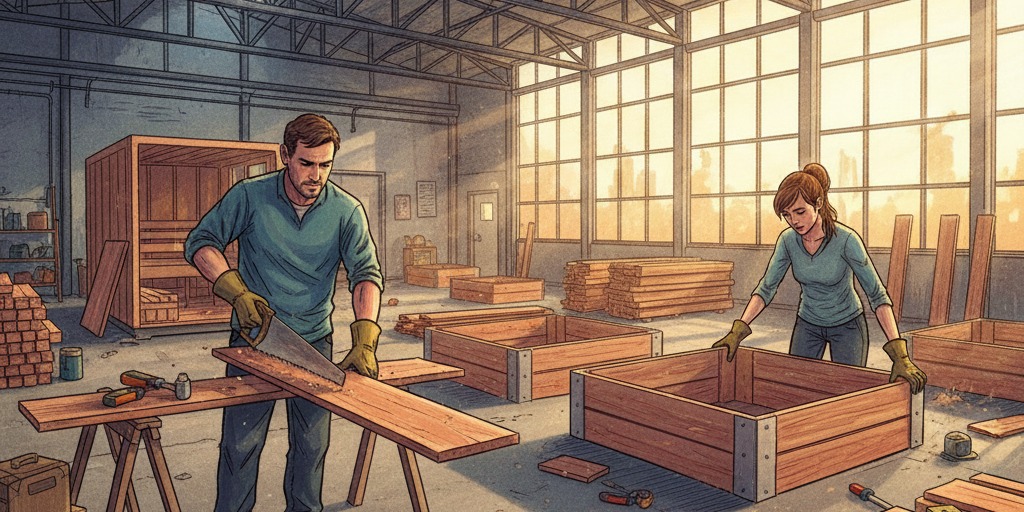 Construction builder building raised garden beds in a warehouse with steel trusses