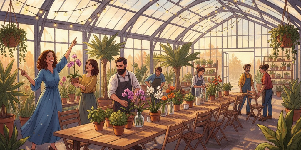 Events manager organizing a community gathering in a greenhouse atrium